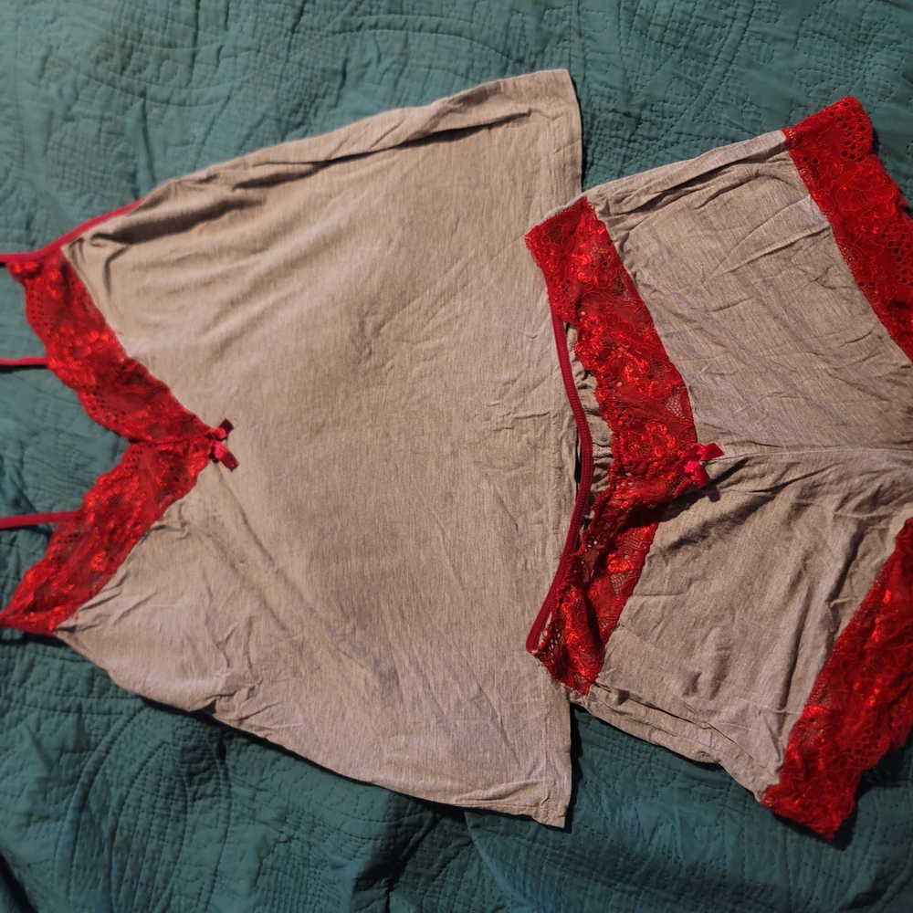 Elegant Red and Gray Lace Sleepwear Set
